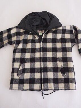 Vintage 1960s Fox Land Black White Buffalo Plaid Wool Blend Hooded Snow Jacket L